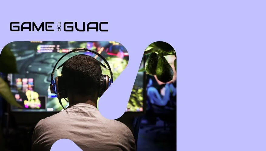 Bilde i forskningsrådets profil som viser en mann som gamer. Over står det Game for Guac.