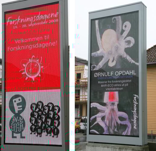 To informasjonsskjermer med informasjon om Ørnulf Opdahls utstilling med malerier fra forskningstokt, Forskningsdagene 2008.